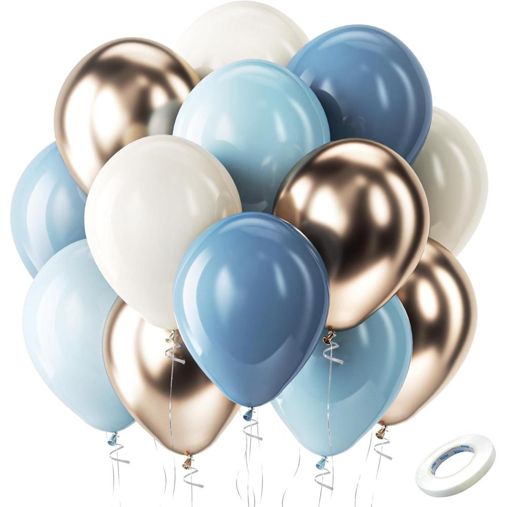 imageBezente Sage Green Gold White Balloons Kit 60pcs 12 inch Sage Green Sand White Latex Balloons Metallic Gold Helium Balloons for Birthday Engagement Wedding Baby Shower Party Event DecorationsDusty Blue Gold Sand White